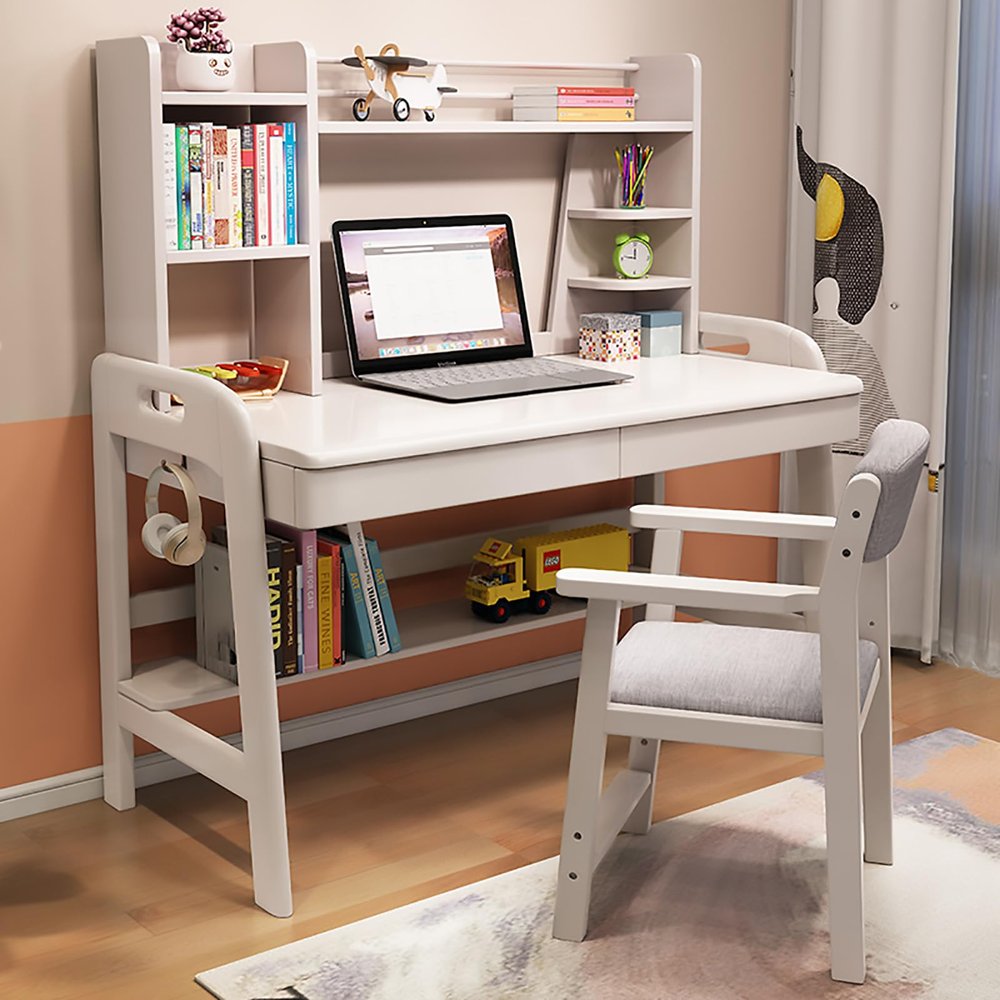 SUZEPER Kid's Writing Desk Kid's Table with Drawers and Bookshelf, Solid Wood Wood Office Desk Children Desk Student Learning Computer Workstation for Home Office School(31.5", White)