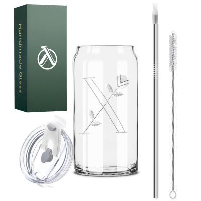 Alterf Initia Crystal Glass Cup Gifts for Women, 18 Oz Glass Tumbler With Lid and Straw, Handcrafted Monogrammed Iced Coffee Cup, Personalized Birthday Gifts Can Glass Cup -Letter 'X'