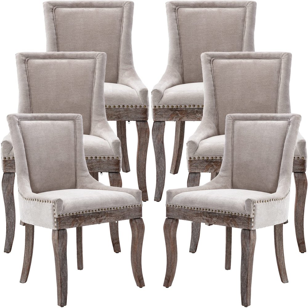 ODUSE-DAILY Dining Chairs Set of 6, Kitchen & Dining Room Chair, Fabric Upholstered Dinning Chairs, Wooden Dinning Chairs, Sillas De Comedor, Nailhead Trim, Wood Legs (Beige, 6 Pcs)