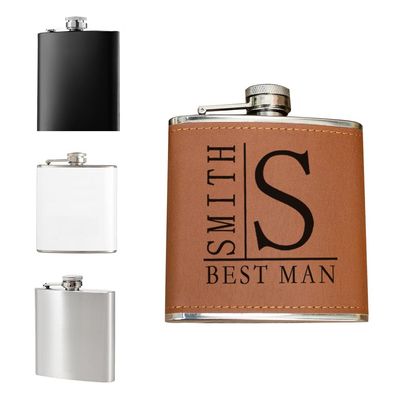 Jeclist Personalized Leather Flask,Customized Stainless Steel Beer Bottle for Fathers Day Gift,Anniversary Gift for Boyfriend,Husband,Wedding Gift for Groomsman (6oz, Silver)