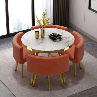 Dining Table and Chair Set,Round Kitchen Desk Set with Faux Marble TabletopUpholstered Chairs, Modern Reception Conference Table&Chair Combination for Living Room Dining Room(80cm/31.5inch, E)