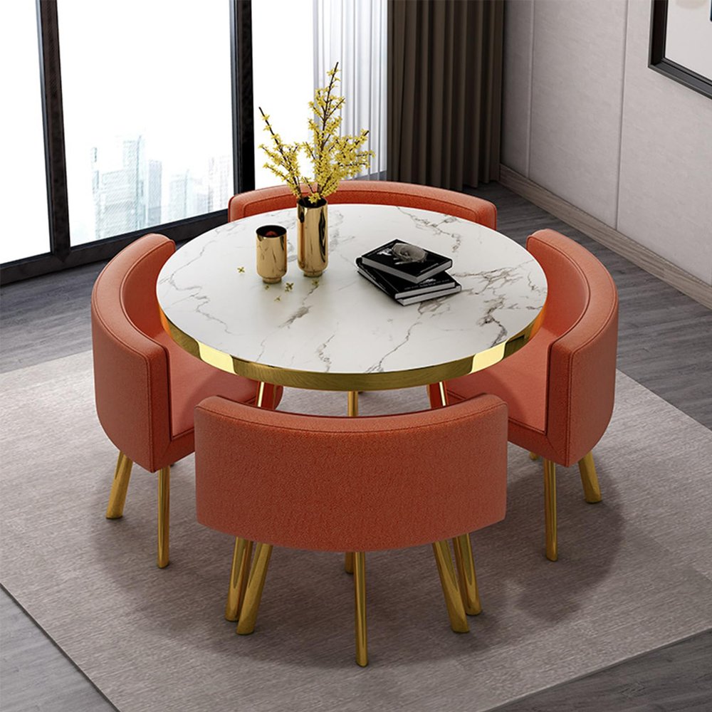 Dining Table and Chair Set,Round Kitchen Desk Set with Faux Marble TabletopUpholstered Chairs, Modern Reception Conference Table&Chair Combination for Living Room Dining Room(80cm/31.5inch, E)
