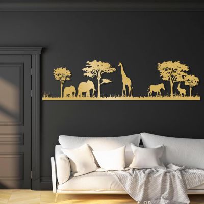 African Style Animal Nature Metal Wall Decor, African Savannah Elephant Horse Metal Wall Decor, Primitive Style Wall Decor, Natural Elements On Wall, Hanging Living Room Mural, Bathroom Mural (24" x6"|60x15cm, Glod)