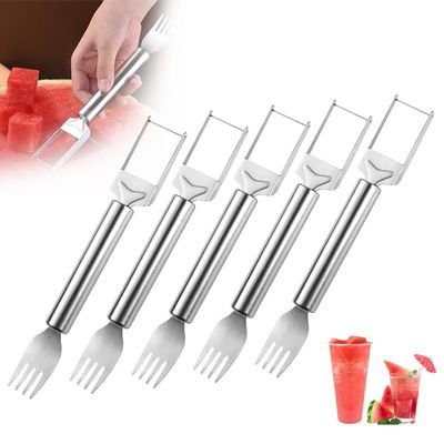 2-in-1 Stainless Steel Fruit Cutter, 2024 New Upgrade Watermelon Fork Cutter Slicer, Watermelon Cube Cutter Tool, Dual Head Fruit Forks Knife Summer Fruit Cutting Fork for Home Kitchen (5PCS)