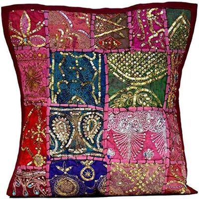 Sophia-Art Decorative Cushion Cover Cotton Patchwork Embroidered Sequin Beads Ethnic Flowers Leaves Geometric Square Scatter Floor Pillow Case Fits (Brown (Scatter Square), 24" x 24")