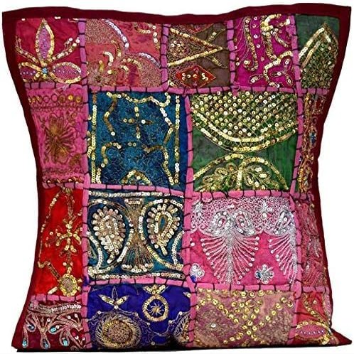 Sophia-Art Decorative Cushion Cover Cotton Patchwork Embroidered Sequin Beads Ethnic Flowers Leaves Geometric Square Scatter Floor Pillow Case Fits (Brown (Scatter Square), 24" x 24")