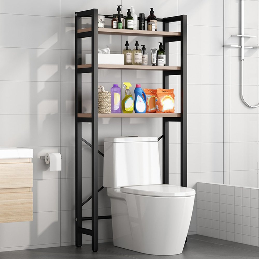 Over The Toilet Storage Shelf, 27" x 12" x 71" Freestanding Bathroom Organizer, 3-Tier Space Saving Above Toilet Rack for Restroom Balcony Laundry Room Black