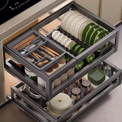 2 Tier Large Capacity Slide Out Drawers Shelf, Aluminum Cabinet Organizer Shelf, Pull Out Drawers for Kitchen Cabinets, Drawer/Door Opening Type, Easy to Install