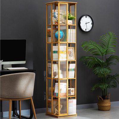 6-layer Freestanding Corner Bookshelf Organization Rack - Floor Standing Revolving Bookshelf Display Rack, Bamboo+acrylic Book Freestanding Bookcase Rotating Storage Rack, For Small Space(Color:Natura