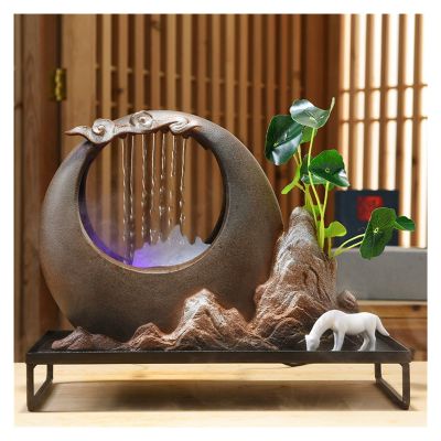 Desktop Waterfall Ceramic Desktop Rockery and Water Humidifier Object Feng Shui Lucky Office Store Fountain Tabletop Fountains Dcor (Color : E) (D)