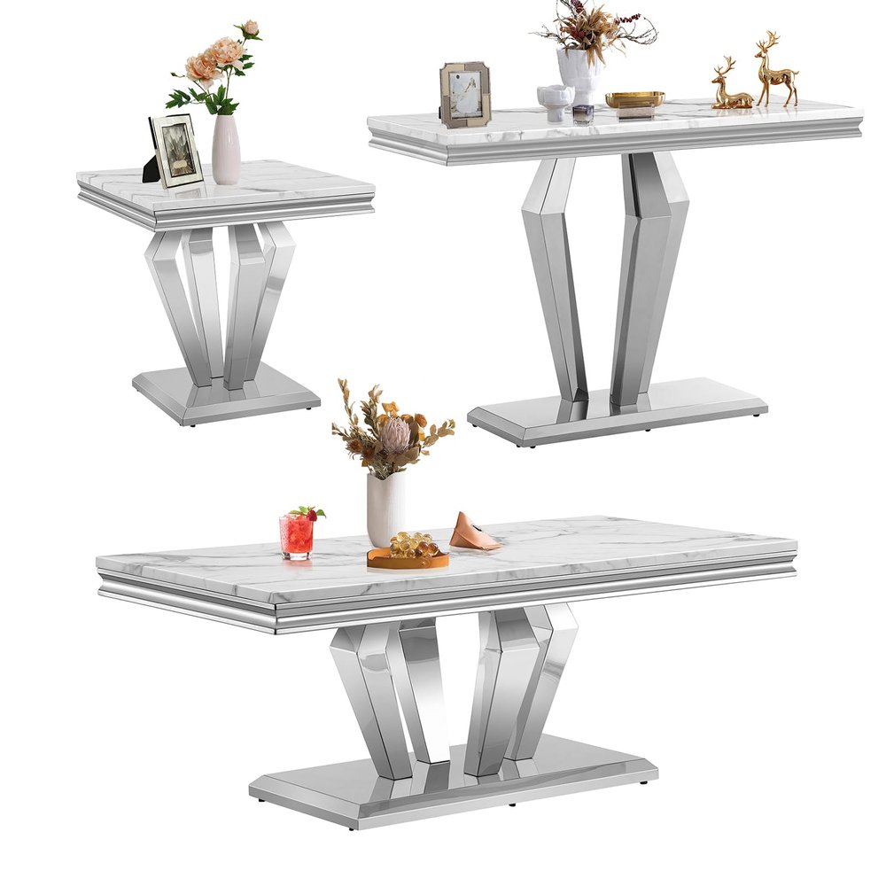 3-Piece Marble Living Room Table Set,Modern Luxury Faux Marble Coffee Table Sofa Table and End Tables Set for Living Room,White Coffee Table Set of 3 with Diamond Mirrored Stainless Steel Frame
