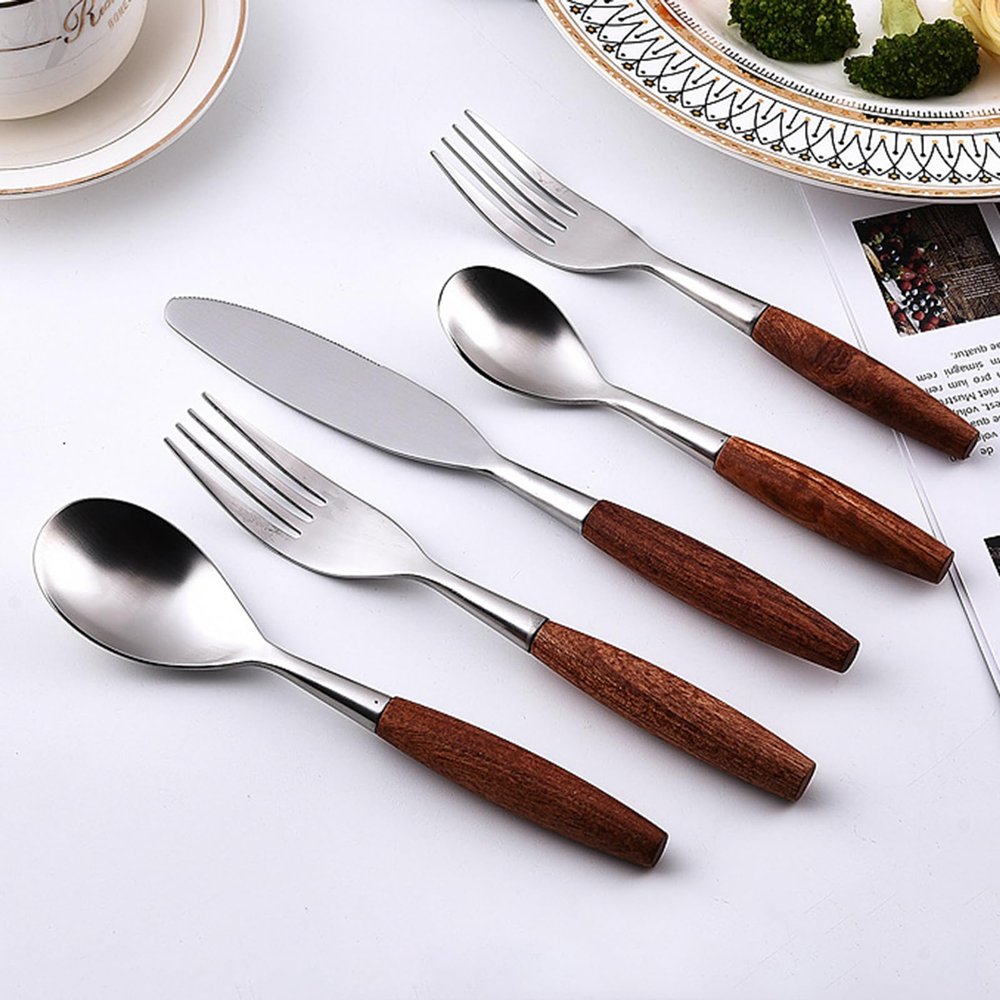 40 piece silverware set, 18/8 stainless steel flatware set,vintage wooden handle,steak knife fork spoon, household tableware set, cultery set for restaurant wedding
