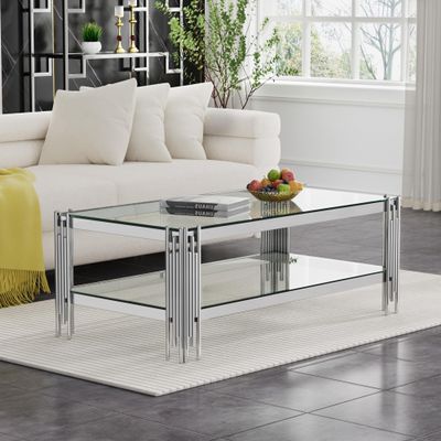 47.24" Glass Coffee Table, Luxury 2-Tier Center Coffee Table with Silver Stainless Steel Frame, Modern Rectangle Center Table Accent Cocktail Table with Low Storage Shelf for Living Room