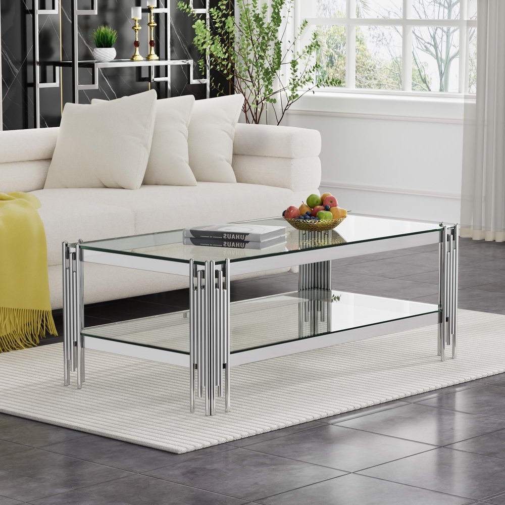 47.24" Glass Coffee Table, Luxury 2-Tier Center Coffee Table with Silver Stainless Steel Frame, Modern Rectangle Center Table Accent Cocktail Table with Low Storage Shelf for Living Room