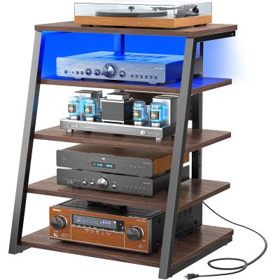 Armocity 5-Tier AV Media Stand with Power Strips, Media Console with LED Lights, Audio Tower Rack with Adjustable Shelves, Stereo Stands and Racks, 40.8'', Black Walnut