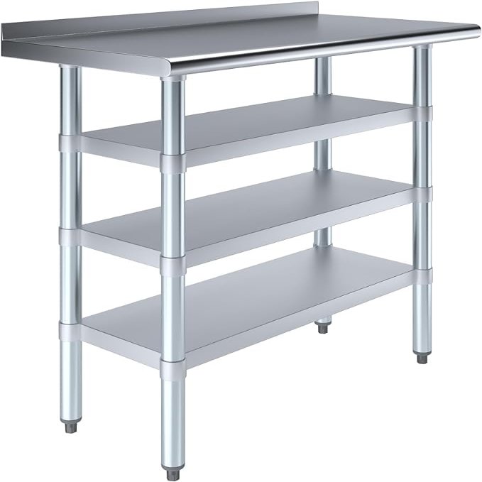 Express KitchQuip Stainless Steel Work Table with 1.5" Backsplash and 3 Shelves | Metal Kitchen Food Prep Table | NSF Certified (36" Long x 18" Deep)