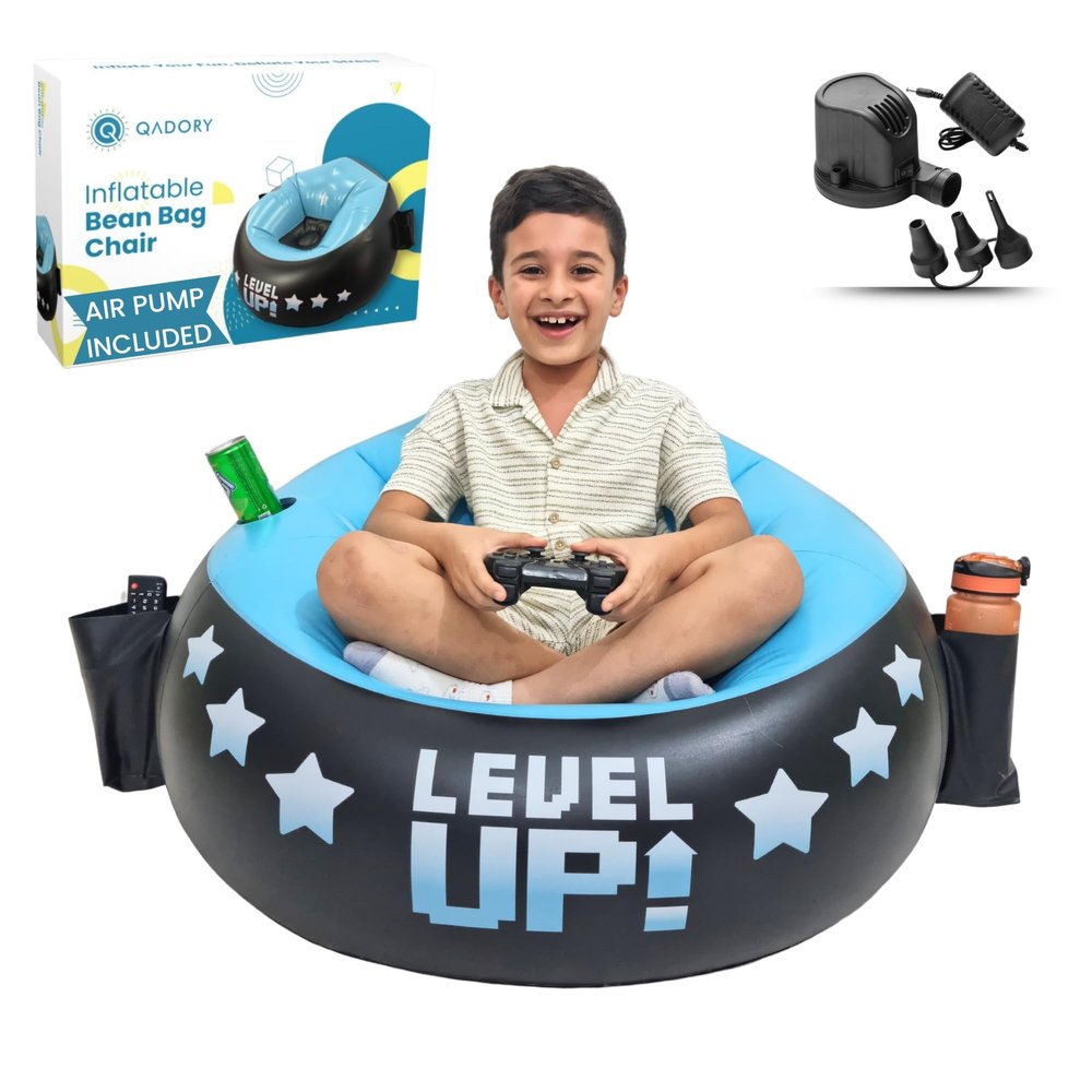 Qadory Inflatable Gaming Chair for Kids  Supports Up to 300 lbs, Includes Air Pump, Cup Holder, 2 Pockets  Durable Gaming Bean Bag Seat, Comfy Kid Bean Bag Chair & Top Bean Bag Chairs for Kids