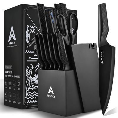 Arrtcy Knife Set with Block - Kitchen Knife Set German High-Carbon Steel - 15-Piece with Built-in Sharpener & Dishwasher Safe - Ergonomic Anti-Slip Handles,Black,Gift Box Included