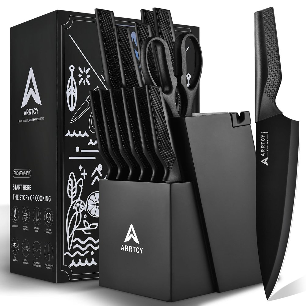 Arrtcy Knife Set with Block - Kitchen Knife Set German High-Carbon Steel - 15-Piece with Built-in Sharpener & Dishwasher Safe - Ergonomic Anti-Slip Handles,Black,Gift Box Included