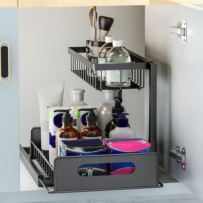 Gavigain Under Sink Organizer, Black L Shape 2 Tier Slide Out Sink Shelf for Kitchen Bathroom Storage