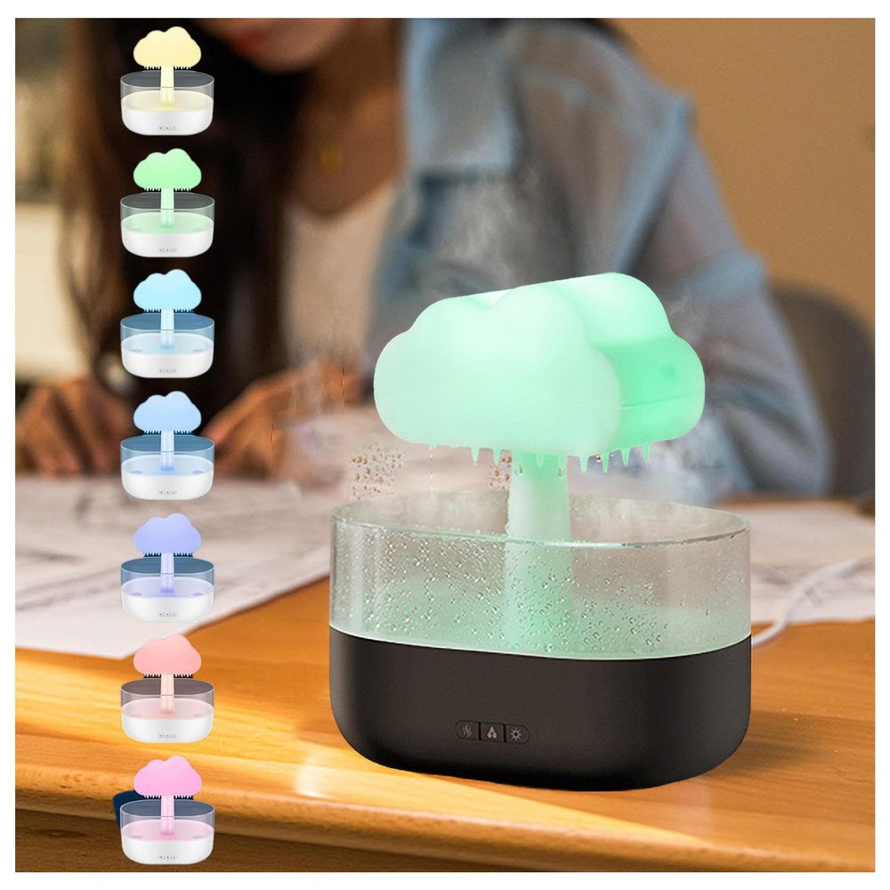 AKYLDI Rain Humidifier, with 7 Color Lights Rainfall Humidifier Automatic Shut-Off Rain Diffuser for Bedroom Desk,Black