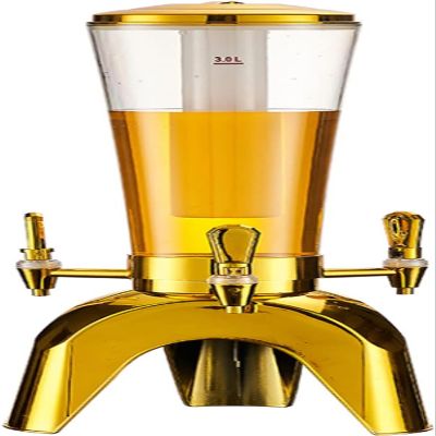 Beer Tower Dispenser, Drink Dispenser 3L/100oz Beer Tower Drink Dispenser with Ice Tube and 3 Tap Gold Ice Cold Beverage Dispenser for Home Bar Holiday Beer