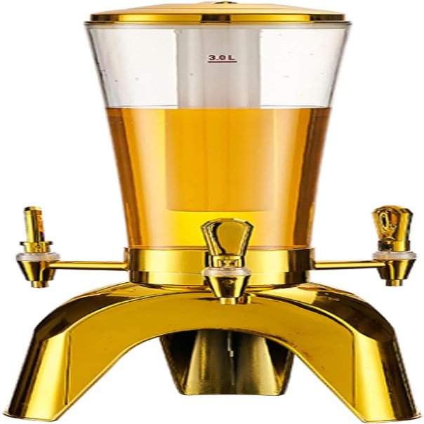 Beer Tower Dispenser, Drink Dispenser 3L/100oz Beer Tower Drink Dispenser with Ice Tube and 3 Tap Gold Ice Cold Beverage Dispenser for Home Bar Holiday Beer