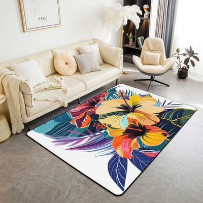 Erosebridal Girls Floral Area Rug 3x5 for Women Yellow White Morning Glory Rug,Chic Flower Carpet Green Leaf Indoor Floor Mat Spring Theme Area Rugs Vintage Bedroom Dining Room Home Dorm Decor