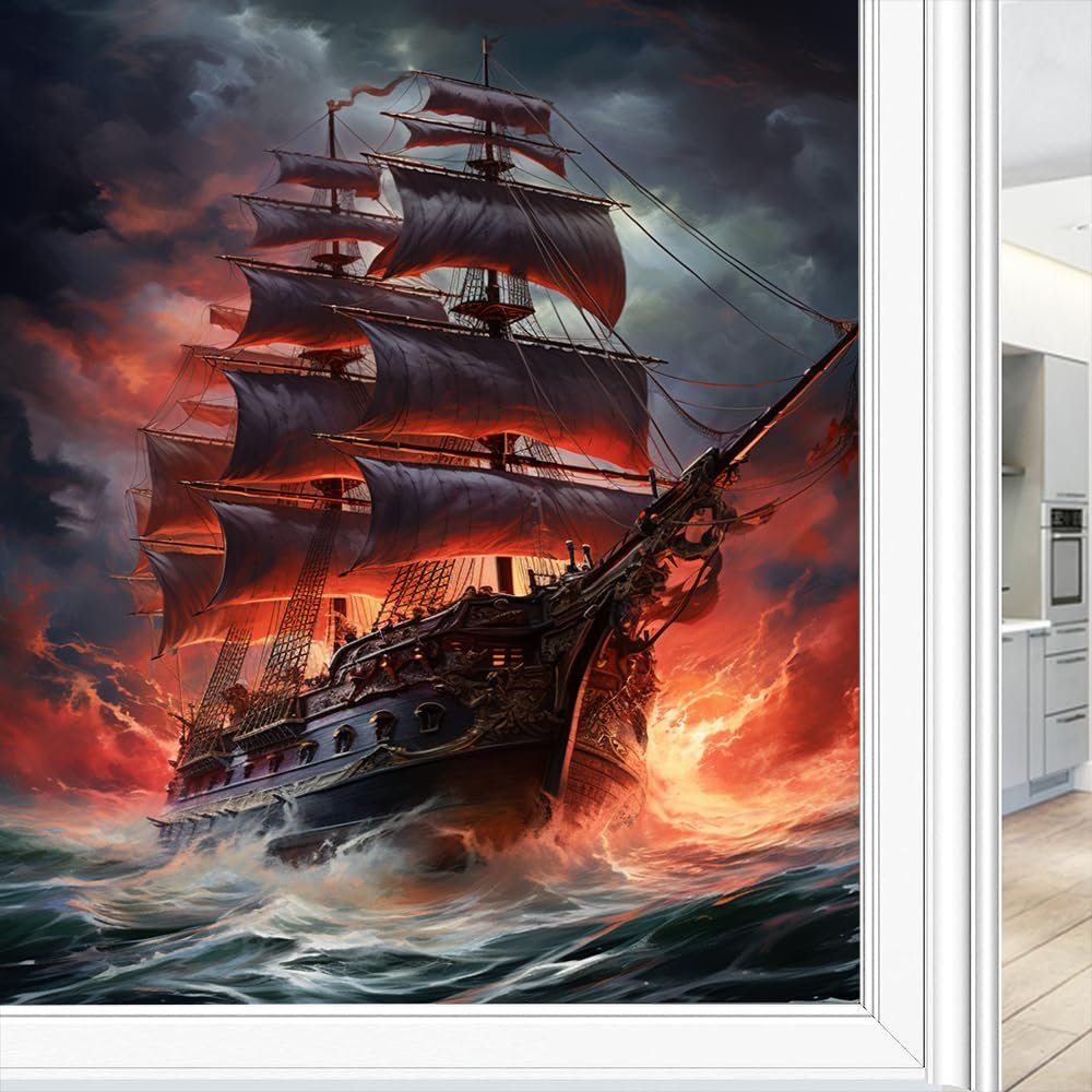 FOCCAFB Colorful Boat Window Privacy Film, Beautiful Night Ocean Nautical Landscape Self Adhesive Frosted Glass Window Film for Home Office Bathroom 27.6Wx47.2L inch