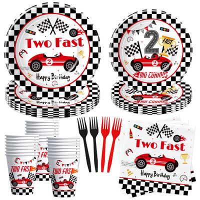 Suhelkit Race Car 2nd Birthday Party Decorations Tableware Kids, Red Two Curious Two Fast Birthday Decorations Party Supplies, Paper Plate, Cup, Napkin, Fork, Serves 24