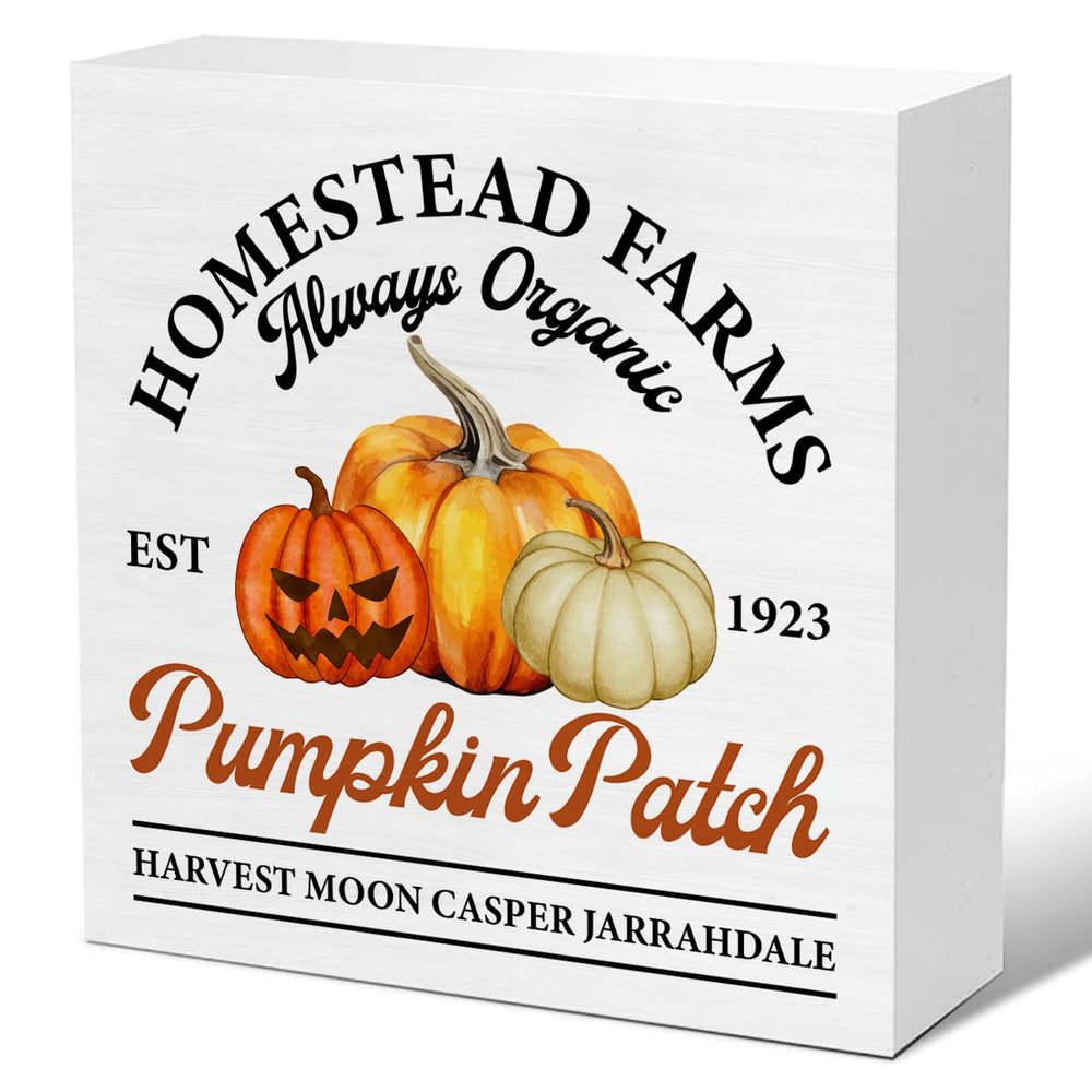 Ptikx Fall Pumpkin Decor - Farmhouse Fall Decorations Autumn Harvest Wooden Decorative Sign Rustic Home Decor 5 x 5 Inches