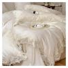 GLAMDIA Bed, Luxury Light Pink Lace Embroidery Princess Bedding Set Korean Style Egypt Cotton Solid Quilt/Duvet Cover Bed Sheet Pillowcases, King, White, MM-102 view 2