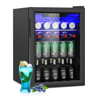 DOGHLY 2.6 Cu.ft Beverage Refrigerator Cooler, 95 Can Mini Fridge with Glass Reversible Door, Digital Temperature Display for Soda, Beer or Wine For Office or Bar with Adjustable Removable Shelves