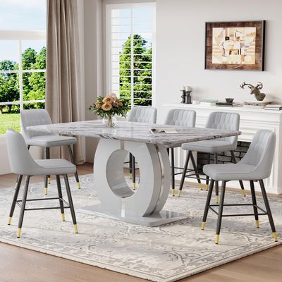 LUFTUT 7 Piece Modern Dining Table Set for 6,Counter Height Dining Table Set,63" Faux Marble Room Table with 6 Grey Leather Barstools,Bar Height Table and Chairs Ideal for Pub Kitchen