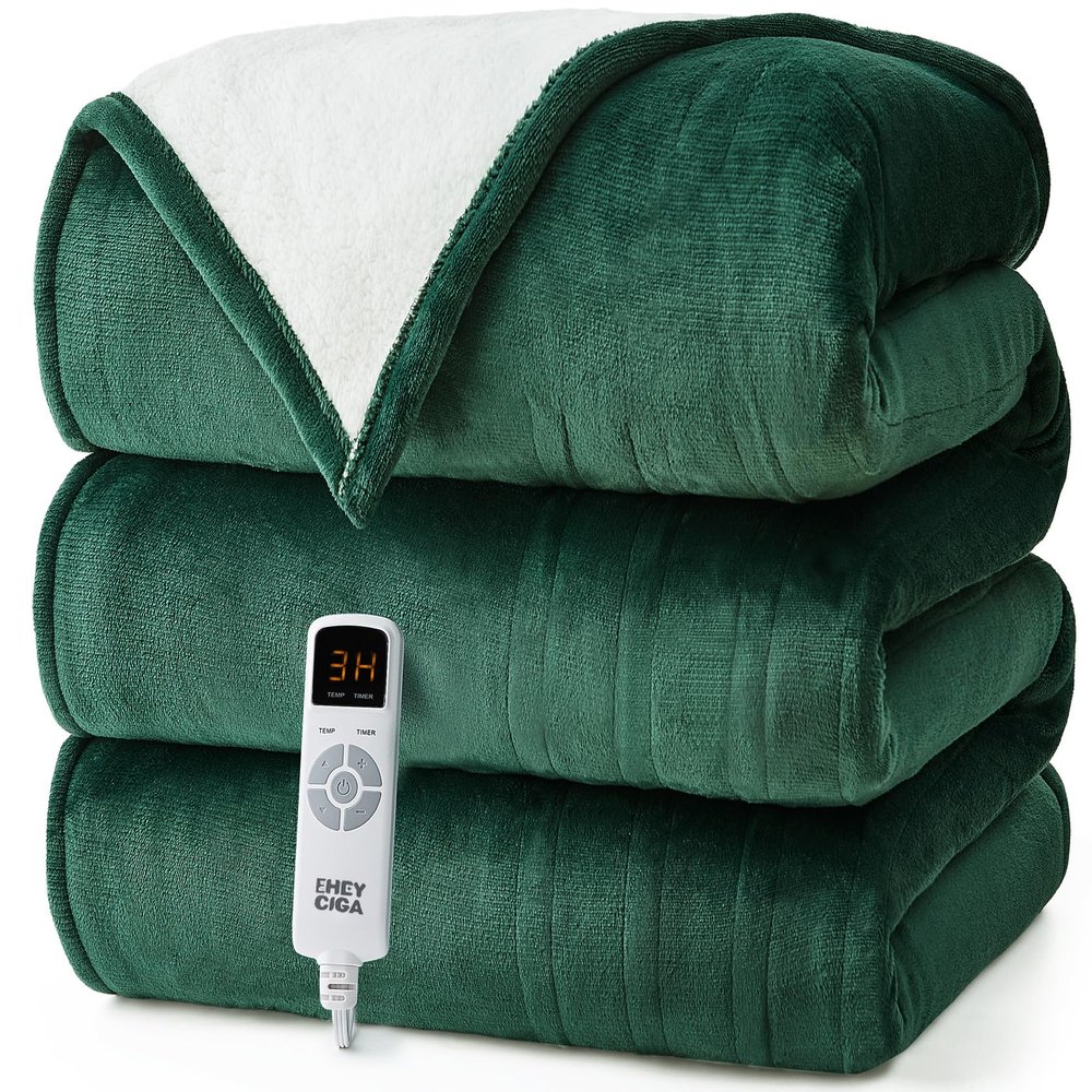 EHEYCIGA Electric Heated Blanket Throw - 9 Heating Levels, 10 Hours Auto Off, Soft Cozy Sherpa Washable With Fast Heating, 50 x 60 Inches