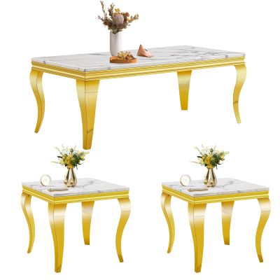 3-Piece Marble Living Room Table Set,Modern Coffee Table Set of 3 Includes 1 Coffee Table and 2 End Tables with Stainless Steel Legs,Sofa Side Tables Perfect for Home Furniture (Gold)