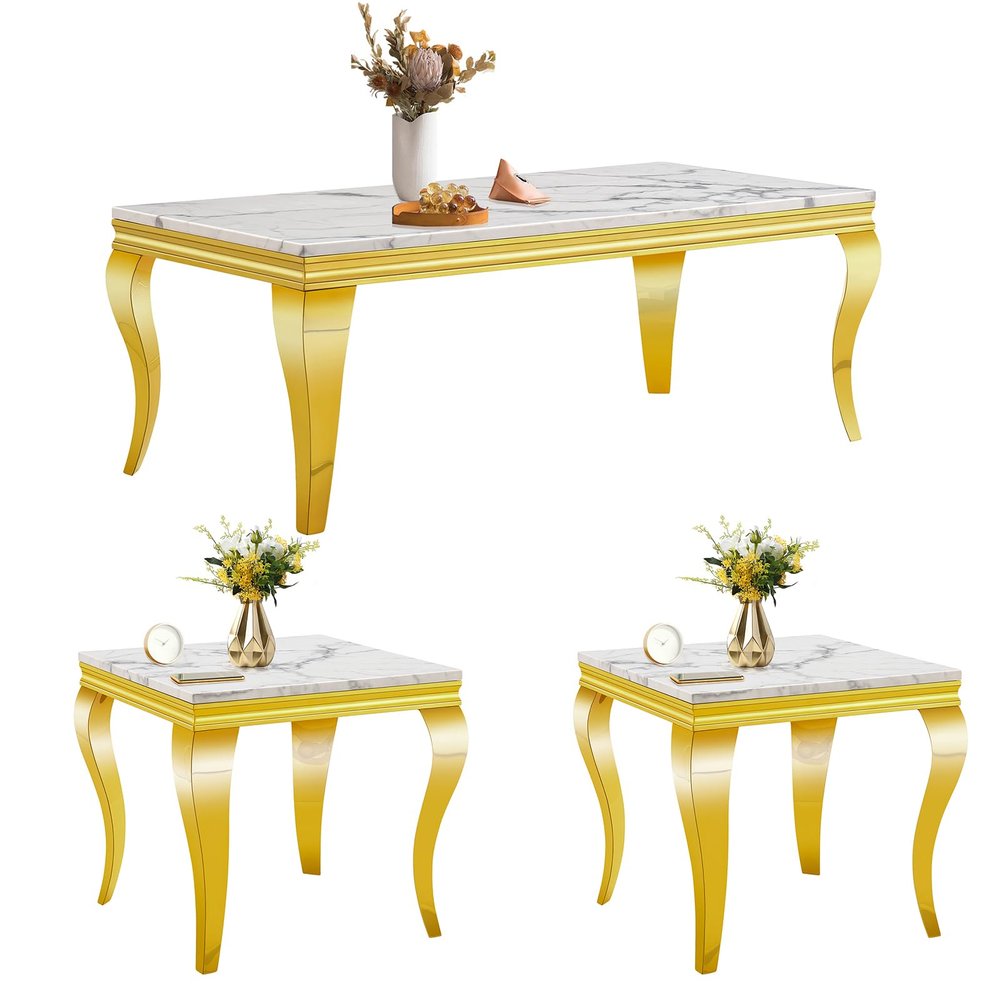 3-Piece Marble Living Room Table Set,Modern Coffee Table Set of 3 Includes 1 Coffee Table and 2 End Tables with Stainless Steel Legs,Sofa Side Tables Perfect for Home Furniture (Gold)