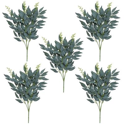 Shirfloral 5 Bundles Italian Ruscus Greenery Plants 20.4in Artificial Green Leaf Willow Leaves Bouquet for Floral Arrangement Home Wedding Party Garden Farmhouse Table Centerpiece Decor (Grey)