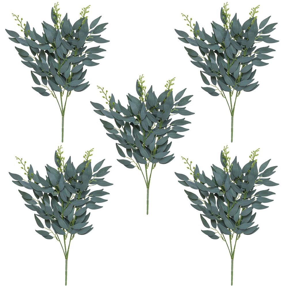 Shirfloral 5 Bundles Italian Ruscus Greenery Plants 20.4in Artificial Green Leaf Willow Leaves Bouquet for Floral Arrangement Home Wedding Party Garden Farmhouse Table Centerpiece Decor (Grey)