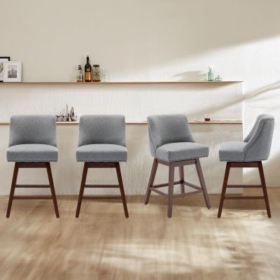 cinkehome Swivel Counter Height Bar Stool with Back Set of 4, 26" High Modern Barstools or Kitchen Island, Upholstered Bar Stools with Sturdy Wood Legs, Dinings, Pub, Grey