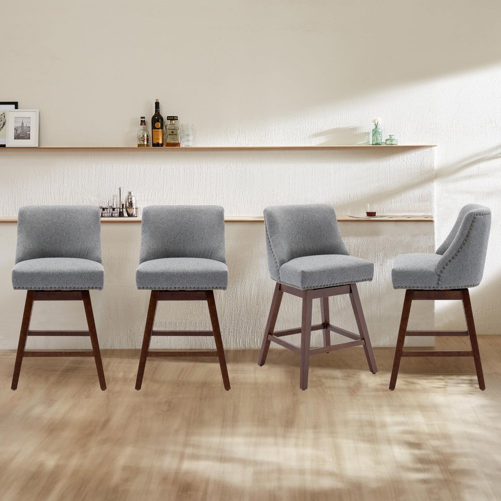cinkehome Swivel Counter Height Bar Stool with Back Set of 4, 26" High Modern Barstools or Kitchen Island, Upholstered Bar Stools with Sturdy Wood Legs, Dinings, Pub, Grey