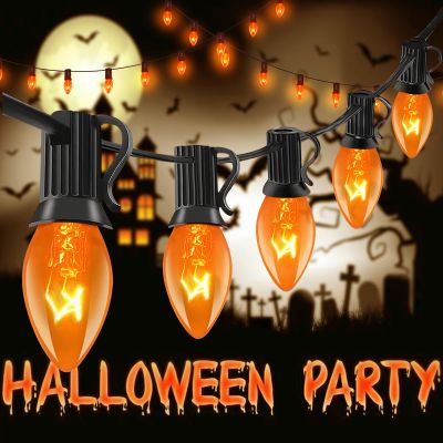 Abeja 25Ft C7 Orange String Lights with 27 Clear Orange Bulbs (2 Spare) - Vintage Halloween String Lights on Black Wire for Patio, Party & Spooky Decor