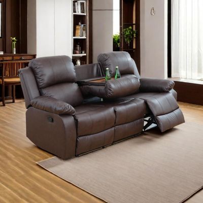 A Ainehome Recliner Sofa, Reclining Sofa 3 Seats Dual Recliner, Bonded Leather Recliner Couch, Modern Brown Recliner Chair for Living Room, with a Drop-Off Table(Brown-1)