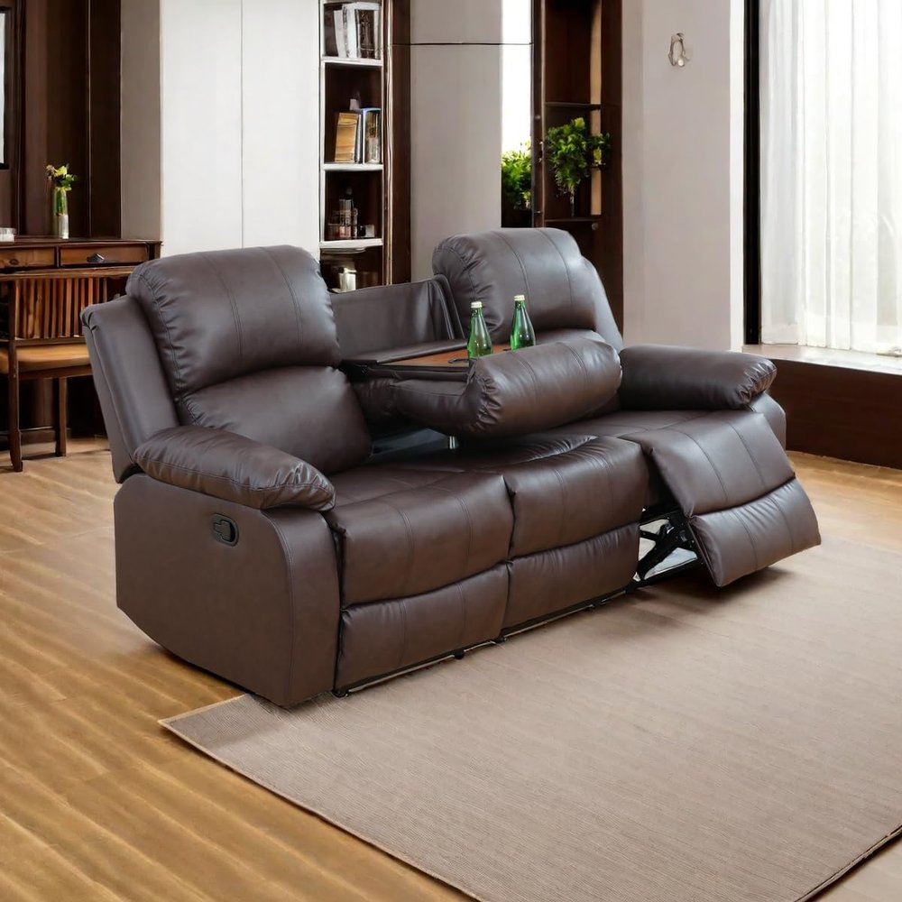 A Ainehome Recliner Sofa, Reclining Sofa 3 Seats Dual Recliner, Bonded Leather Recliner Couch, Modern Brown Recliner Chair for Living Room, with a Drop-Off Table(Brown-1)