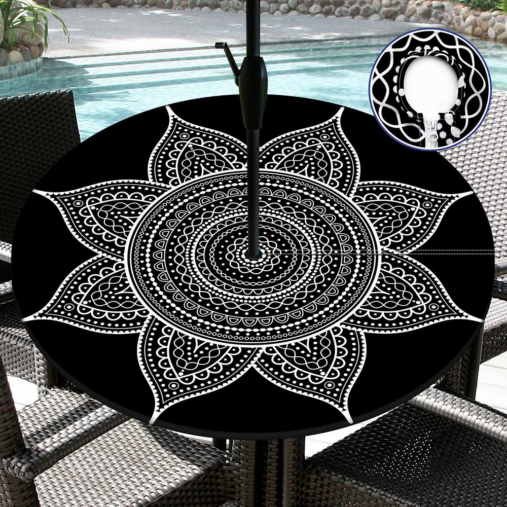 Butaluk Outdoor Tablecloth with Umbrella Hole Waterproof Polyester Round Fitted Tablecloth with Elastic Zippered Table Cloth Round Cover for Picnic, Party (Black, 40''-44'')
