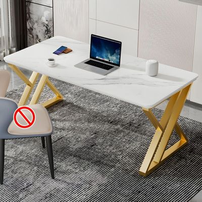 CraftThink Writing Desk, Modern Stone Computer Desk Work Desk Study Table with Steel Sled Base for Home Office (White- Gold,39.5" L x 23.5" W x 29.5" H)