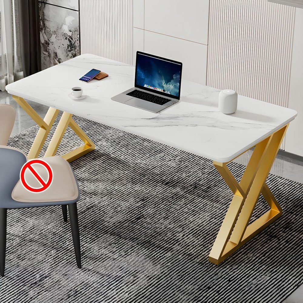 CraftThink Writing Desk, Modern Stone Computer Desk Work Desk Study Table with Steel Sled Base for Home Office (White- Gold,39.5" L x 23.5" W x 29.5" H)