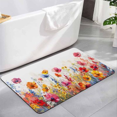 Bath Rugs Bathroom Rug,Watercolor Floral Blossom Oil Painting Absorbent Diatomaceous Earth Bath Mat Quick Drying Non Slip Shower Mat,Pastoral Flower Plant Doormat for Bathtub Kitchen Living Room