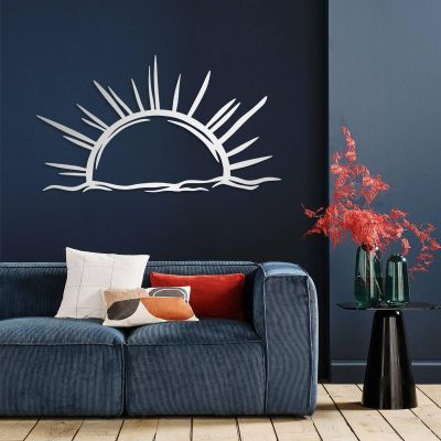 Sun Metal Wall Art, Metal Sunrise Wall Decor, Sunshine Minimalist Design, Modern Sunset Metal Wall Art, Mid Century Boho Decor, Sun Design Wall Art for Living Room Kitchen Bedroom (59"x33" | 150x84cm, Silver)