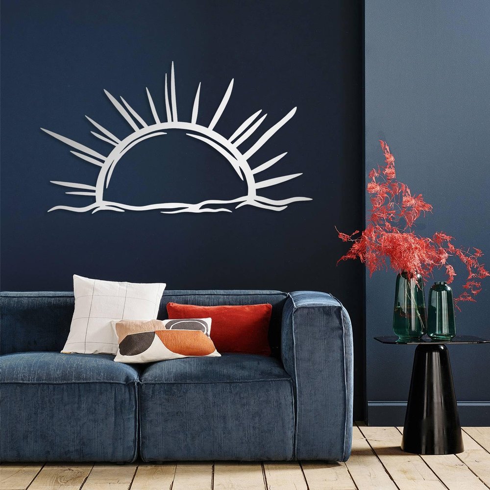 Sun Metal Wall Art, Metal Sunrise Wall Decor, Sunshine Minimalist Design, Modern Sunset Metal Wall Art, Mid Century Boho Decor, Sun Design Wall Art for Living Room Kitchen Bedroom (59"x33" | 150x84cm, Silver)